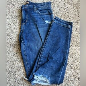 Joe’s destructed skinny jeans, 9.5” rise, 28” inseam ankle length
